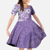 Polynesian Women's Day Kid Short Sleeve Dress Purple Hibiscus Flowers With Polynesian Pattern