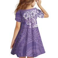Polynesian Women's Day Kid Short Sleeve Dress Purple Hibiscus Flowers With Polynesian Pattern