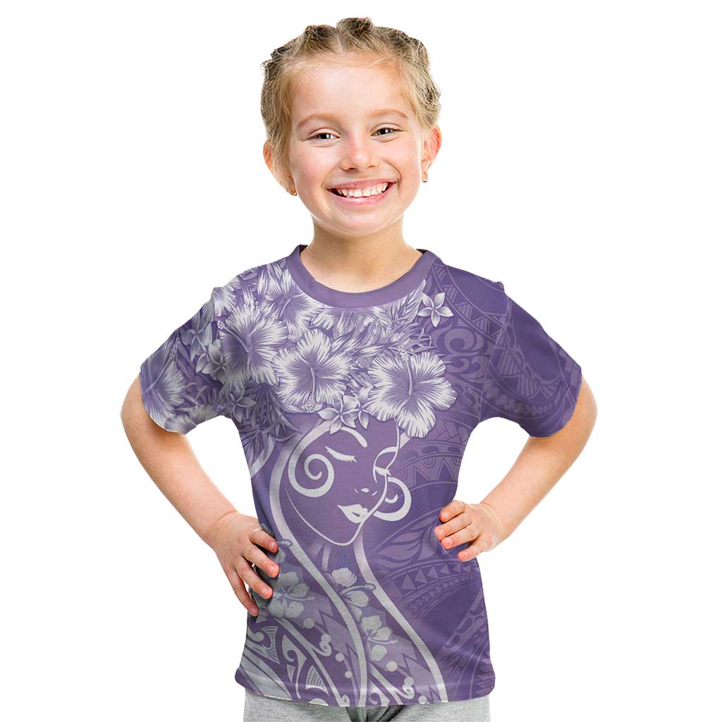 Polynesian Women's Day Kid T Shirt Purple Hibiscus Flowers With Polynesian Pattern