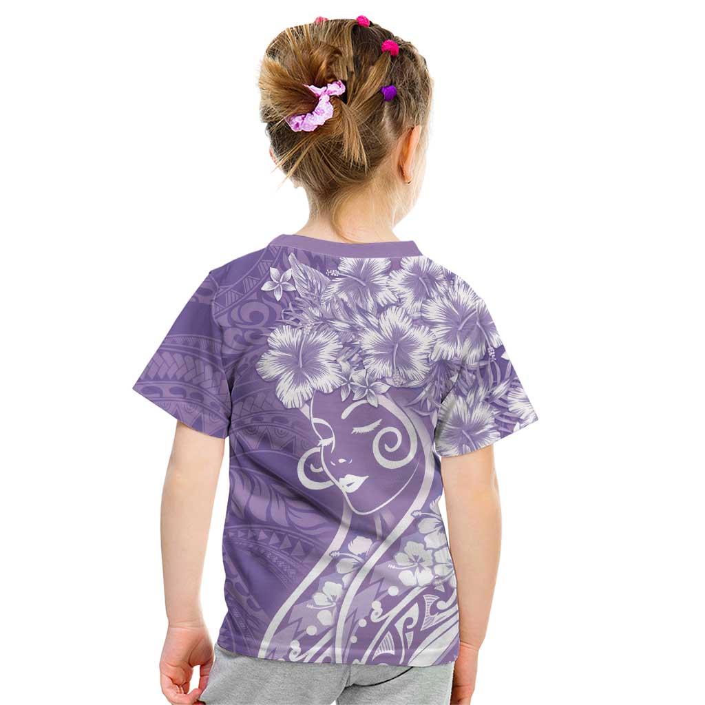 Polynesian Women's Day Kid T Shirt Purple Hibiscus Flowers With Polynesian Pattern