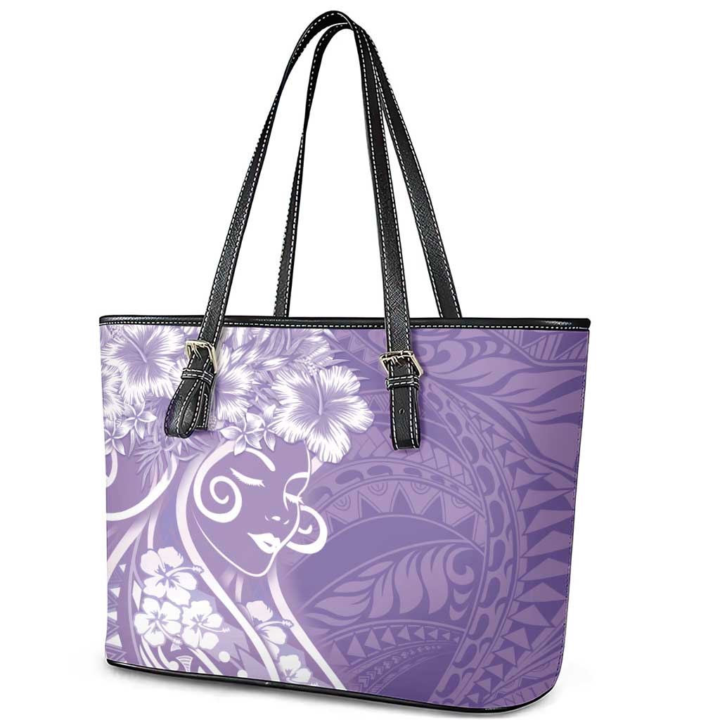 Polynesian Women's Day Leather Tote Bag Purple Hibiscus Flowers With Polynesian Pattern