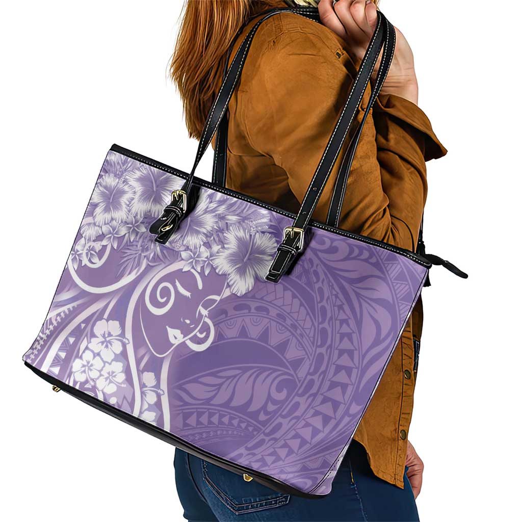Polynesian Women's Day Leather Tote Bag Purple Hibiscus Flowers With Polynesian Pattern