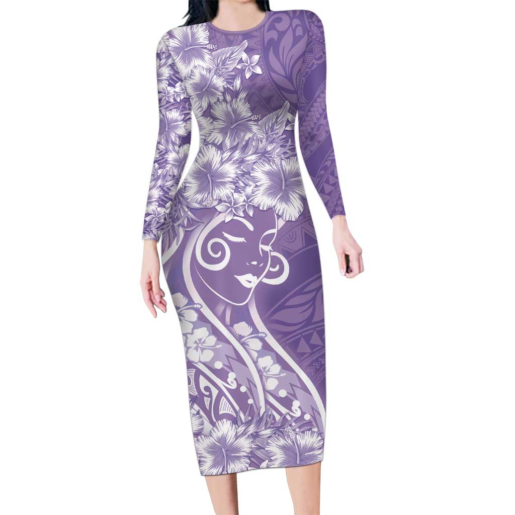 Polynesian Women's Day Long Sleeve Bodycon Dress Purple Hibiscus Flowers With Polynesian Pattern LT05 Long Dress Purple - Polynesian Pride
