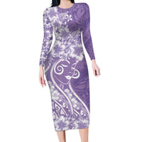 Polynesian Women's Day Long Sleeve Bodycon Dress Purple Hibiscus Flowers With Polynesian Pattern LT05 Long Dress Purple - Polynesian Pride