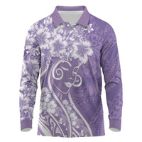 Polynesian Women's Day Long Sleeve Polo Shirt Purple Hibiscus Flowers With Polynesian Pattern
