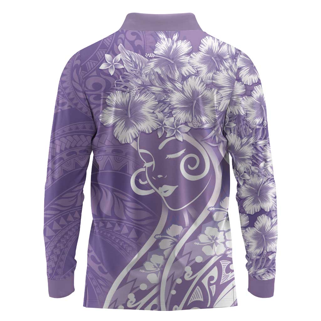 Polynesian Women's Day Long Sleeve Polo Shirt Purple Hibiscus Flowers With Polynesian Pattern