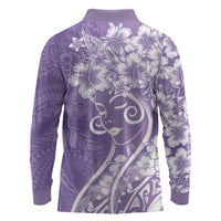 Polynesian Women's Day Long Sleeve Polo Shirt Purple Hibiscus Flowers With Polynesian Pattern