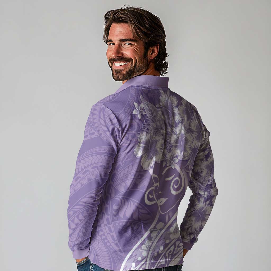 Polynesian Women's Day Long Sleeve Polo Shirt Purple Hibiscus Flowers With Polynesian Pattern