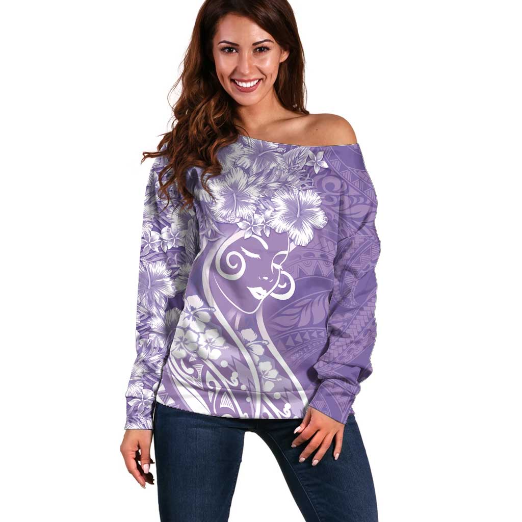 Polynesian Women's Day Off Shoulder Sweater Purple Hibiscus Flowers With Polynesian Pattern