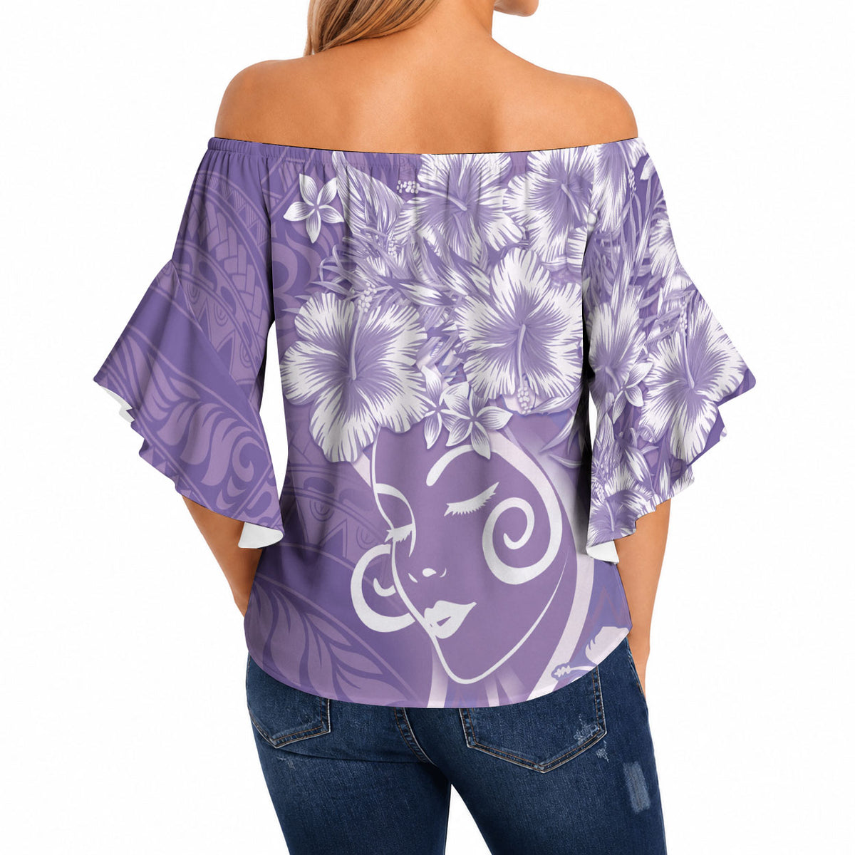 Polynesian Women's Day Off Shoulder Wrap Waist Top Purple Hibiscus Flowers With Polynesian Pattern LT05 - Polynesian Pride