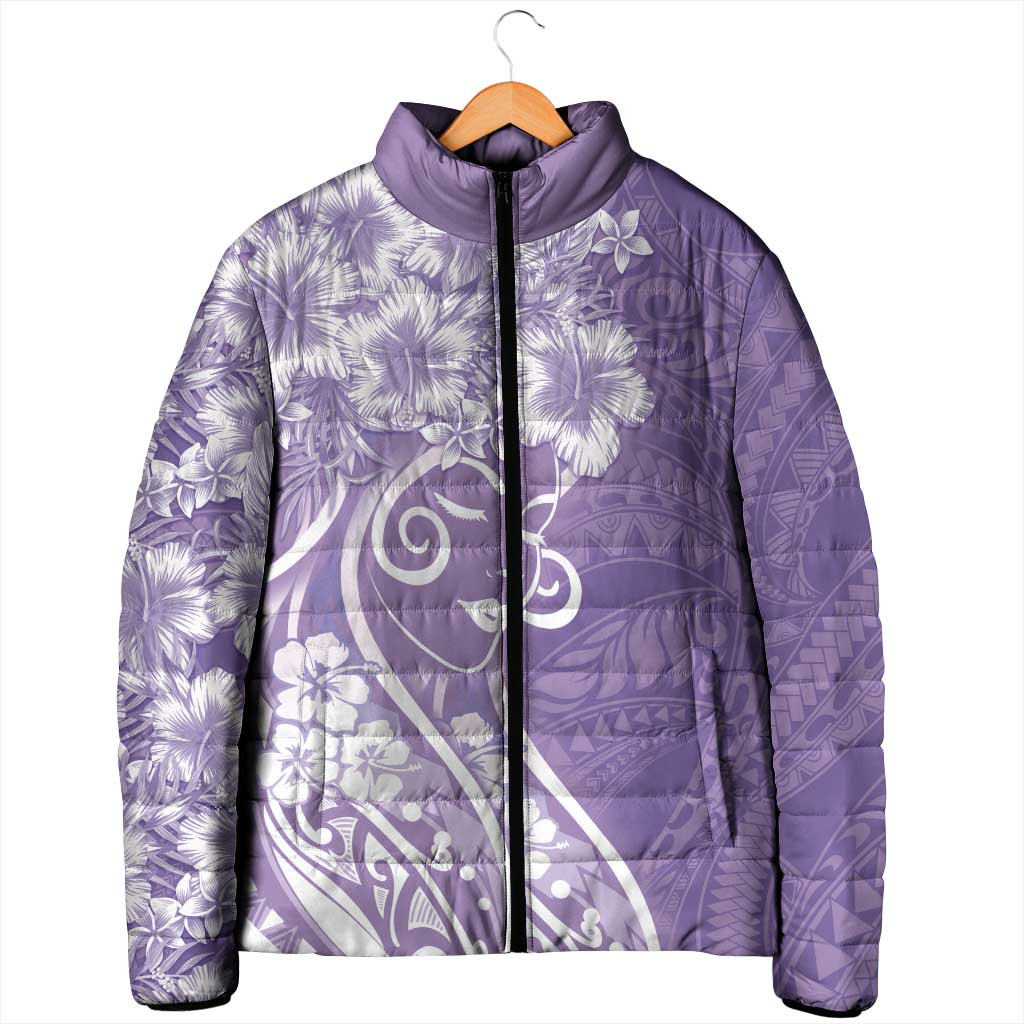 Polynesian Women's Day Padded Jacket Purple Hibiscus Flowers With Polynesian Pattern