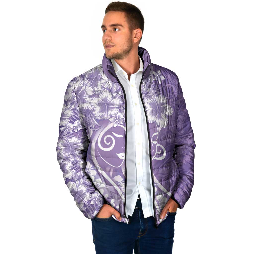 Polynesian Women's Day Padded Jacket Purple Hibiscus Flowers With Polynesian Pattern