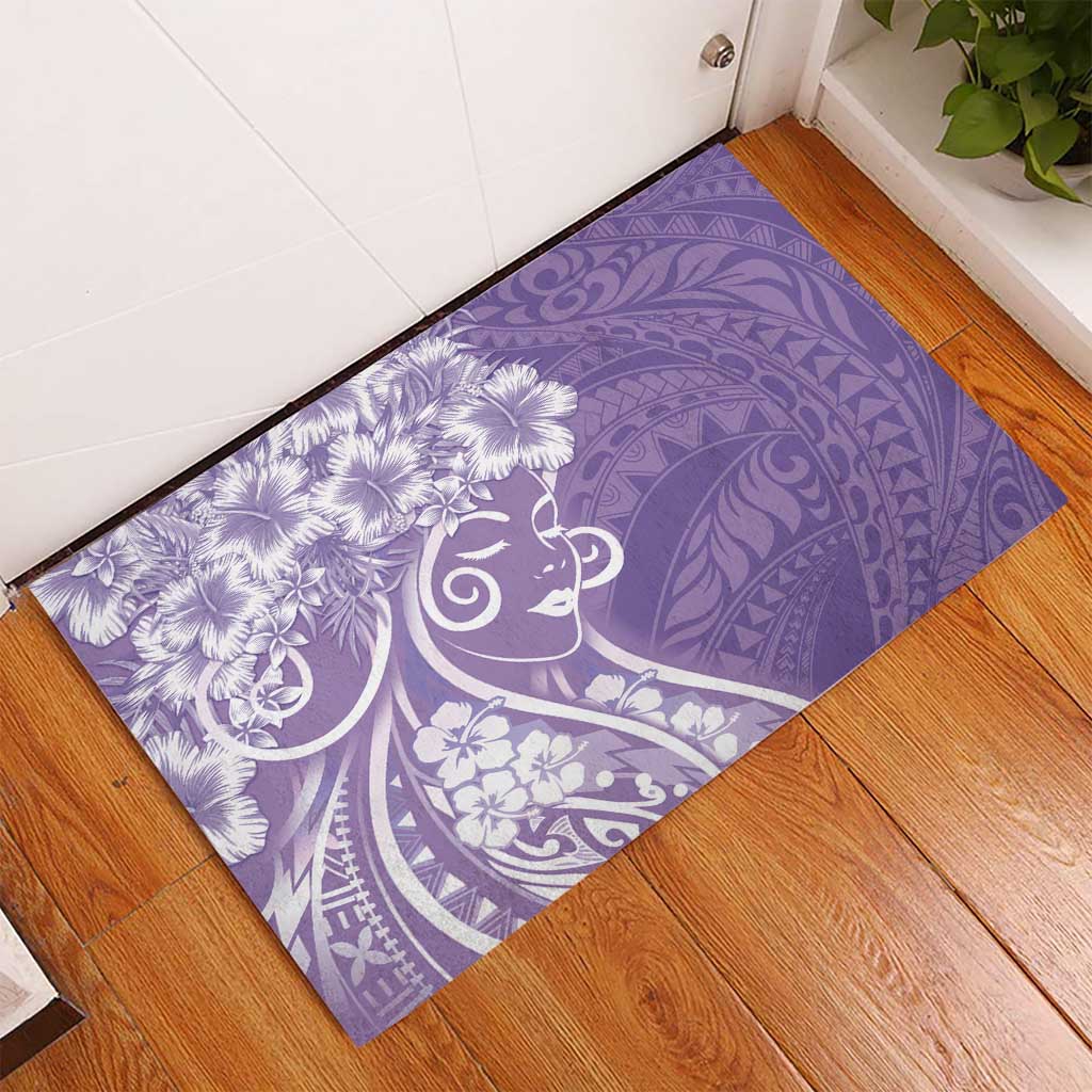 Polynesian Women's Day Rubber Doormat Purple Hibiscus Flowers With Polynesian Pattern