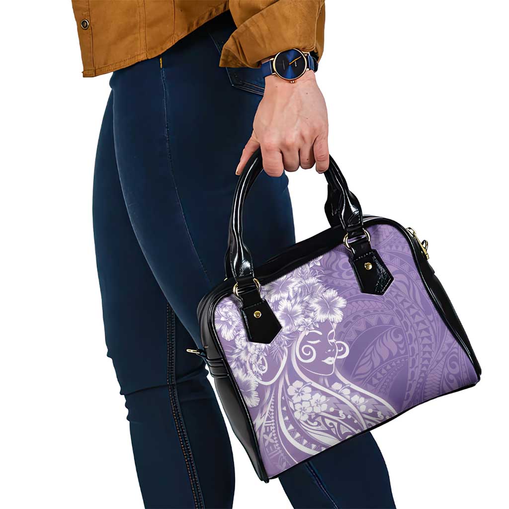 Polynesian Women's Day Shoulder Handbag Purple Hibiscus Flowers With Polynesian Pattern