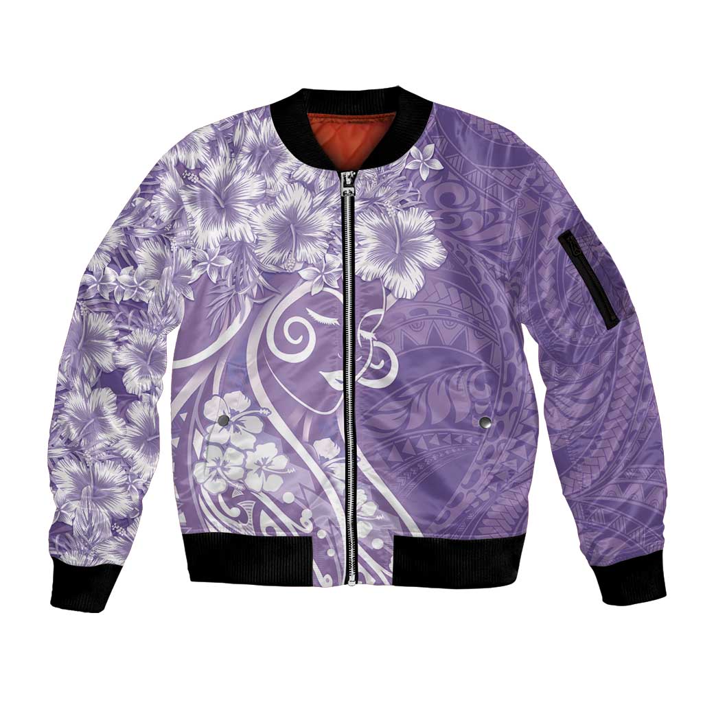 Polynesian Women's Day Sleeve Zip Bomber Jacket Purple Hibiscus Flowers With Polynesian Pattern