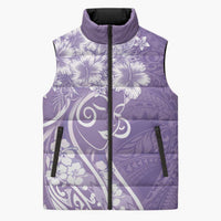 Polynesian Women's Day Sleeveless Puffer Jacket Purple Hibiscus Flowers With Polynesian Pattern