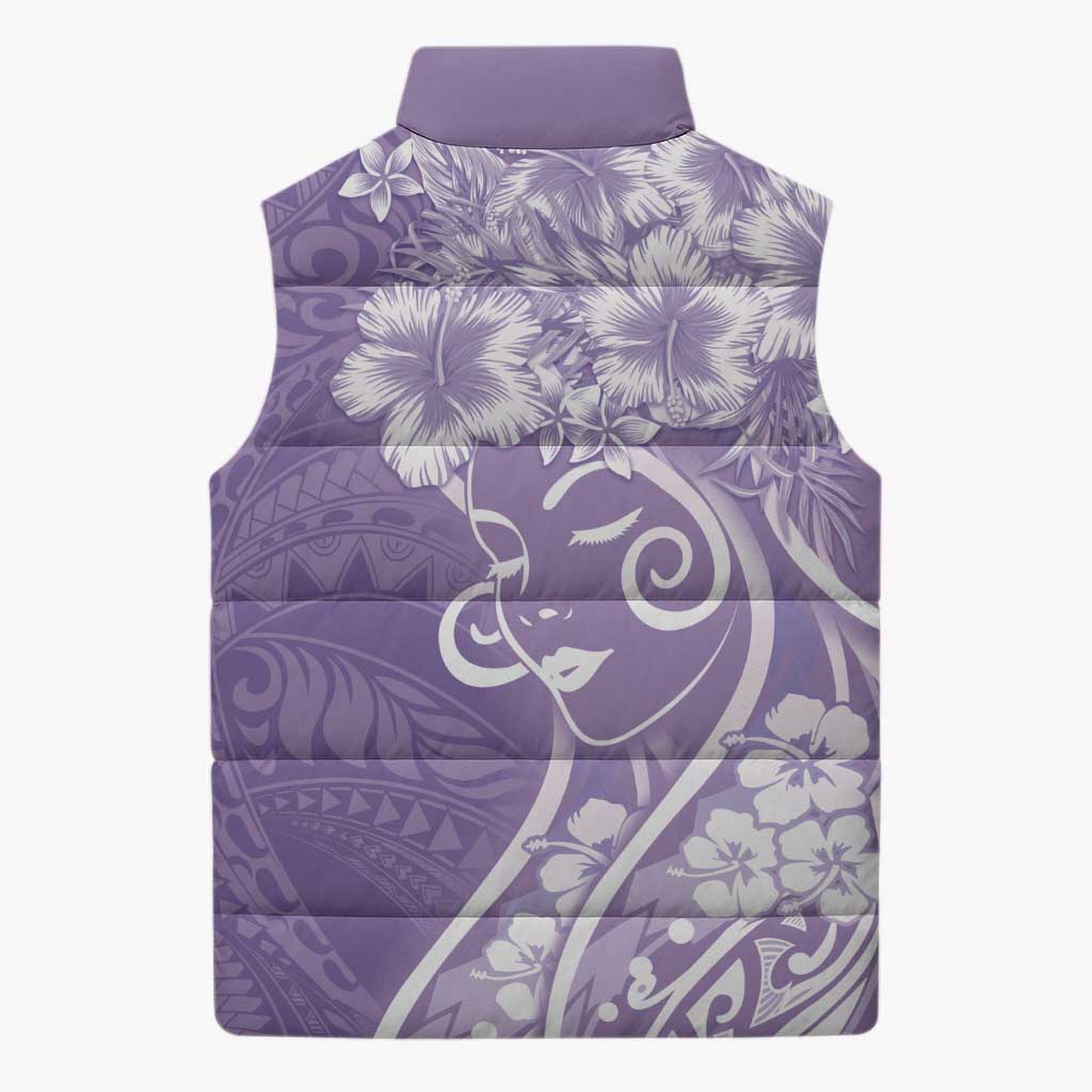 Polynesian Women's Day Sleeveless Puffer Jacket Purple Hibiscus Flowers With Polynesian Pattern