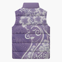 Polynesian Women's Day Sleeveless Puffer Jacket Purple Hibiscus Flowers With Polynesian Pattern