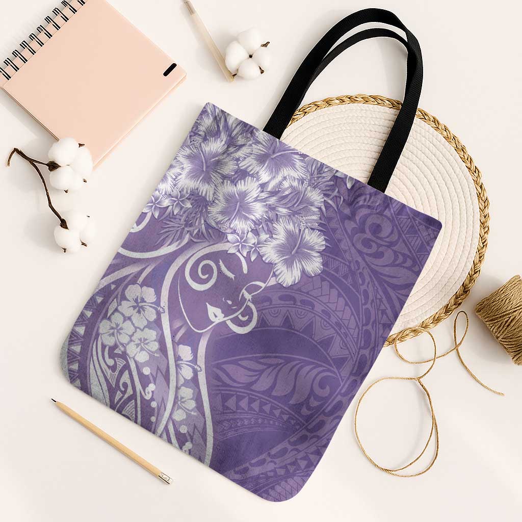Polynesian Women's Day Tote Bag Purple Hibiscus Flowers With Polynesian Pattern