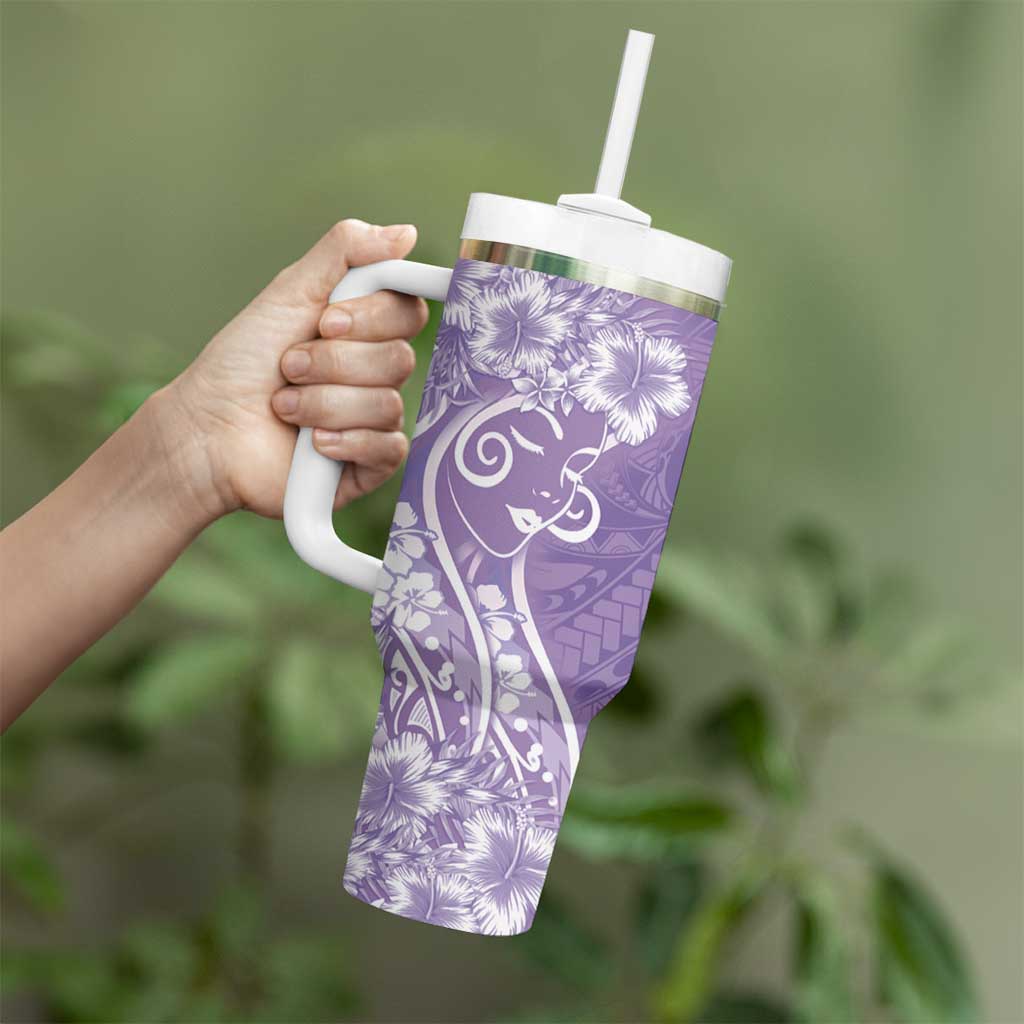 Polynesian Women's Day Tumbler With Handle Purple Hibiscus Flowers With Polynesian Pattern