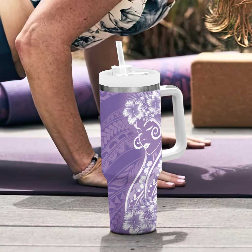 Polynesian Women's Day Tumbler With Handle Purple Hibiscus Flowers With Polynesian Pattern
