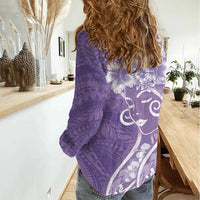 Polynesian Women's Day Women Casual Shirt Purple Hibiscus Flowers With Polynesian Pattern LT05 - Polynesian Pride