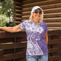 Polynesian Women's Day Women Polo Shirt Purple Hibiscus Flowers With Polynesian Pattern