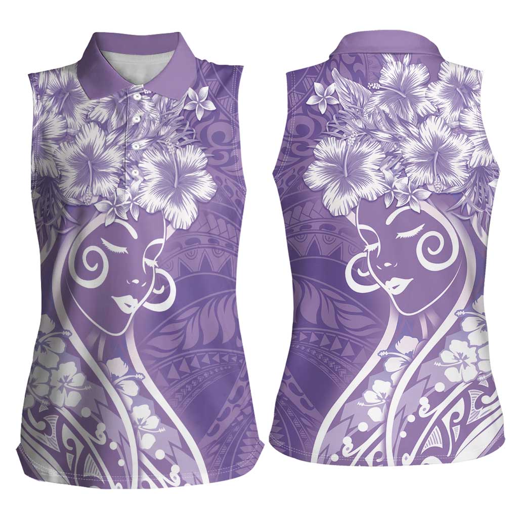 Polynesian Women's Day Women Sleeveless Polo Shirt Purple Hibiscus Flowers With Polynesian Pattern