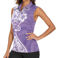 Polynesian Women's Day Women Sleeveless Polo Shirt Purple Hibiscus Flowers With Polynesian Pattern