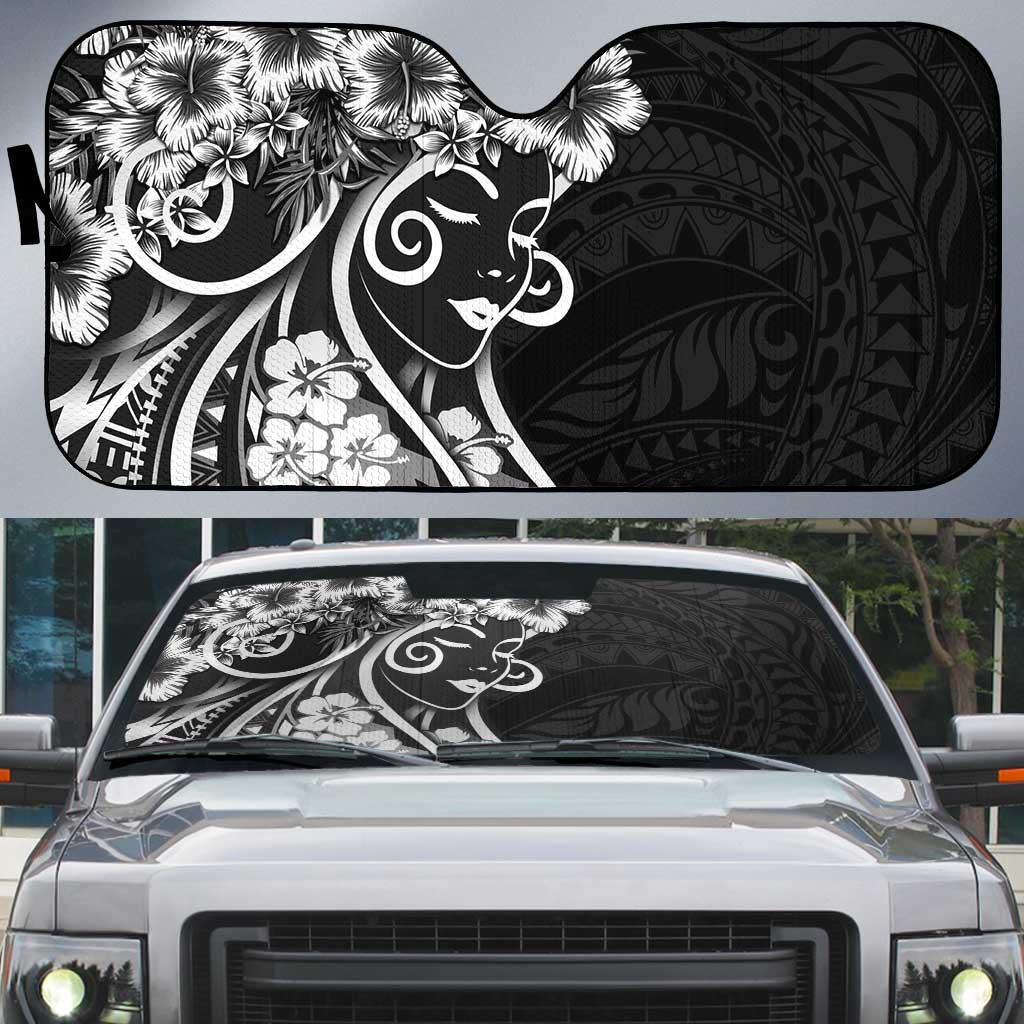 Polynesian Women's Day Auto Sun Shade Black Hibiscus Flowers With Polynesian Pattern