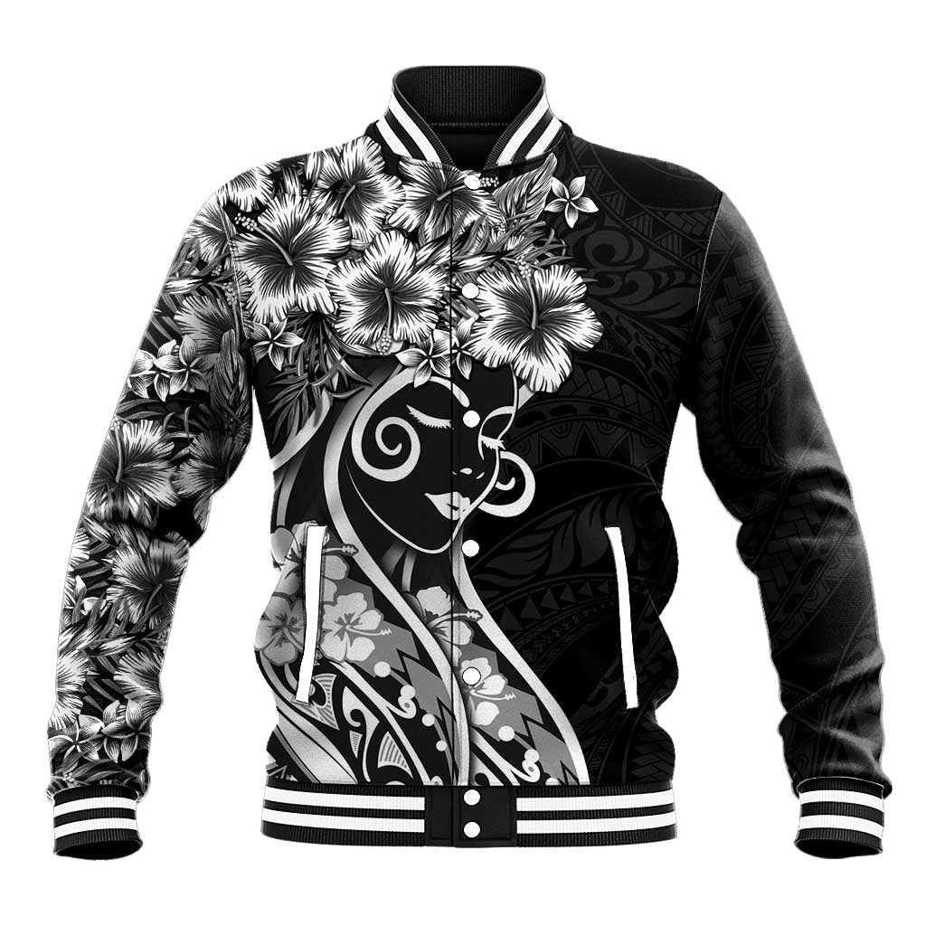 Polynesian Women's Day Baseball Jacket Black Hibiscus Flowers With Polynesian Pattern