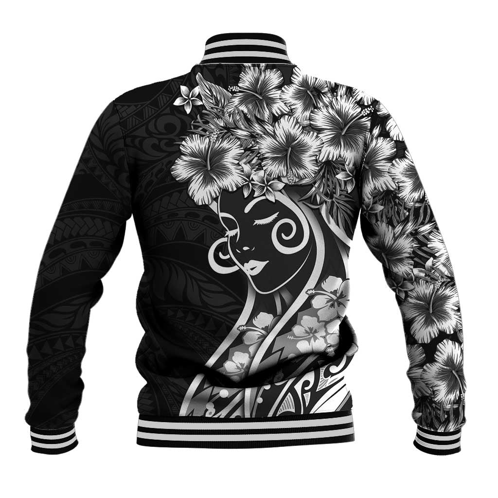 Polynesian Women's Day Baseball Jacket Black Hibiscus Flowers With Polynesian Pattern