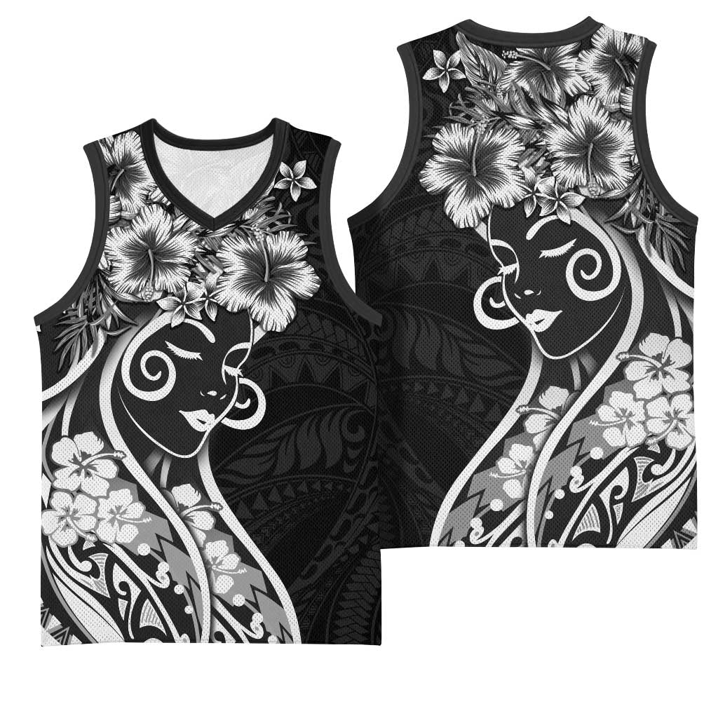 Polynesian Women's Day Basketball Jersey Black Hibiscus Flowers With Polynesian Pattern