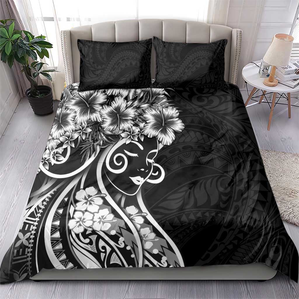 Polynesian Women's Day Bedding Set Black Hibiscus Flowers With Polynesian Pattern