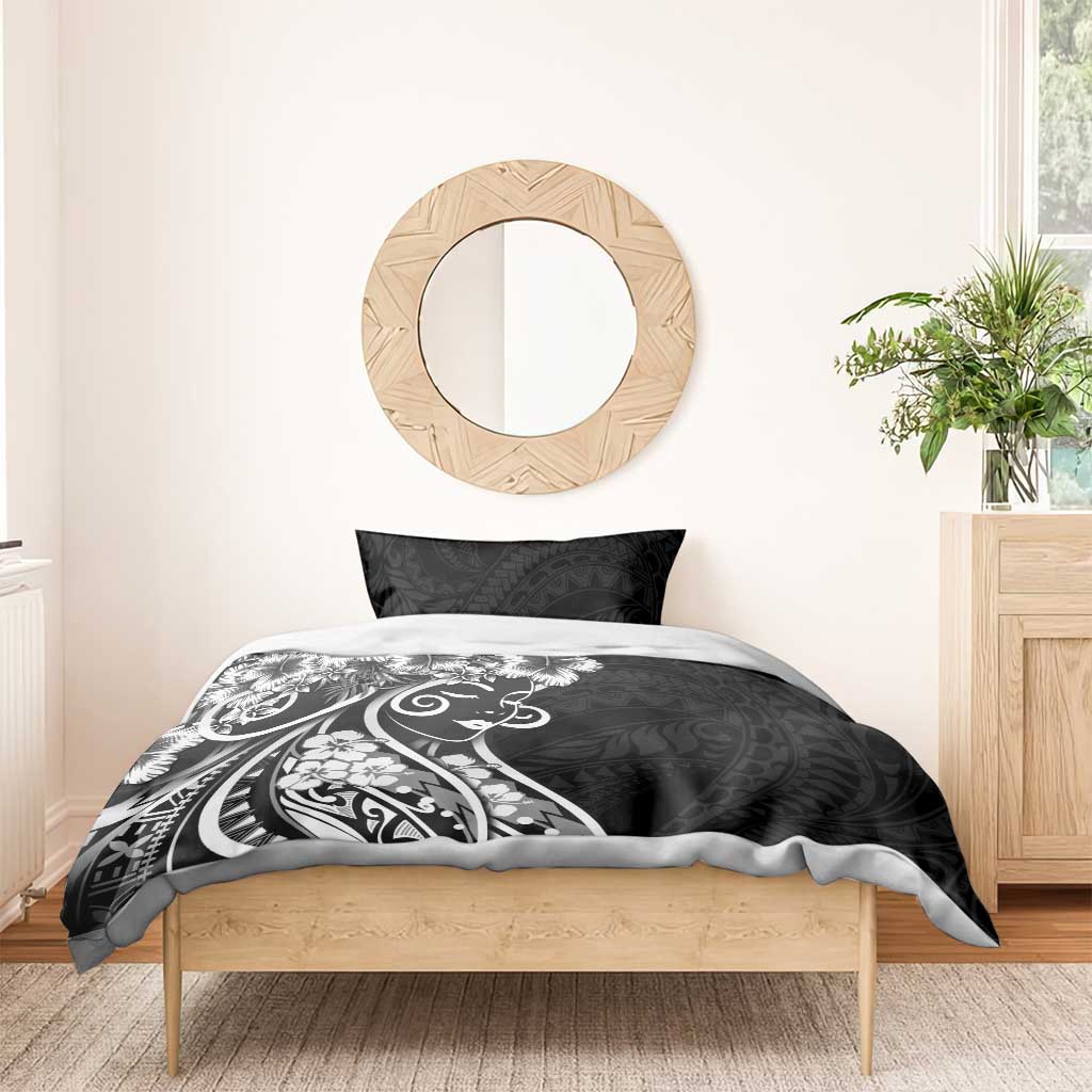 Polynesian Women's Day Bedding Set Black Hibiscus Flowers With Polynesian Pattern