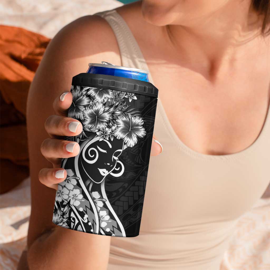 Polynesian Women's Day 4 in 1 Can Cooler Tumbler Black Hibiscus Flowers With Polynesian Pattern