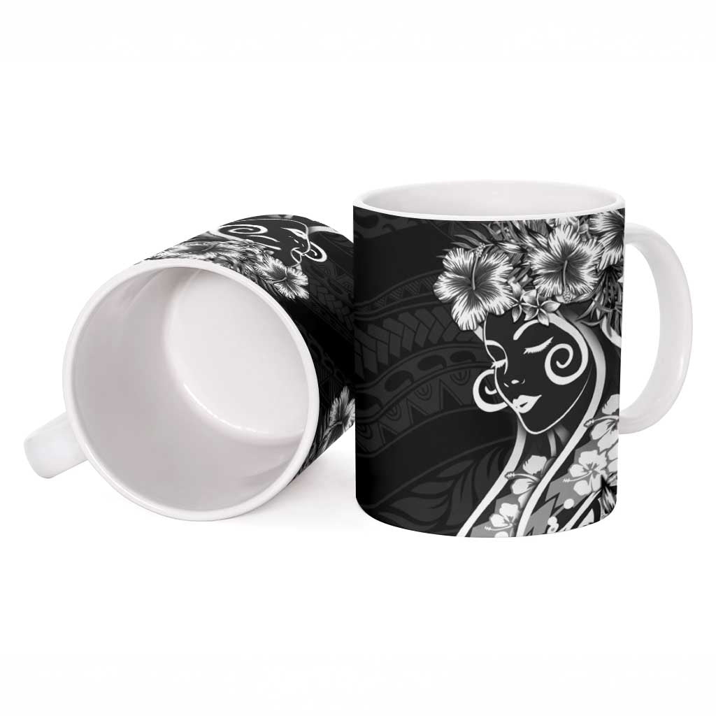 Polynesian Women's Day Ceramic Mug Black Hibiscus Flowers With Polynesian Pattern