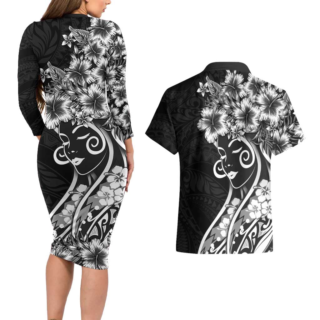 Polynesian Women's Day Couples Matching Long Sleeve Bodycon Dress and Hawaiian Shirt Black Hibiscus Flowers With Polynesian Pattern LT05 - Polynesian Pride