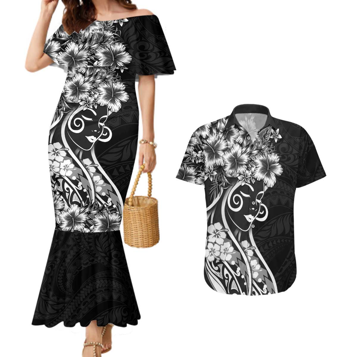 Polynesian Women's Day Couples Matching Mermaid Dress and Hawaiian Shirt Black Hibiscus Flowers With Polynesian Pattern LT05 Black - Polynesian Pride