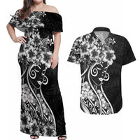 Polynesian Women's Day Couples Matching Off Shoulder Maxi Dress and Hawaiian Shirt Black Hibiscus Flowers With Polynesian Pattern