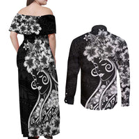 Polynesian Women's Day Couples Matching Off Shoulder Maxi Dress and Long Sleeve Button Shirt Black Hibiscus Flowers With Polynesian Pattern