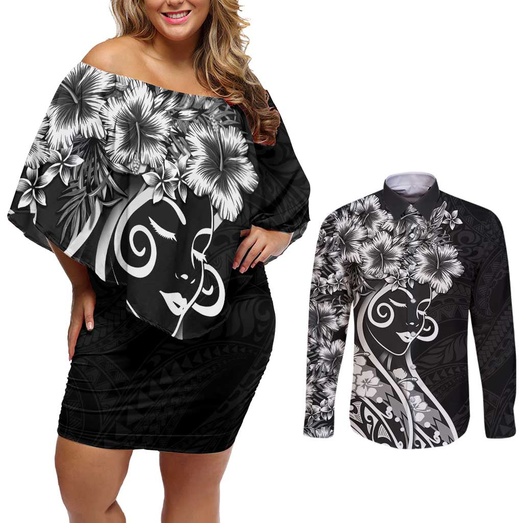 Polynesian Women's Day Couples Matching Off Shoulder Short Dress and Long Sleeve Button Shirt Black Hibiscus Flowers With Polynesian Pattern