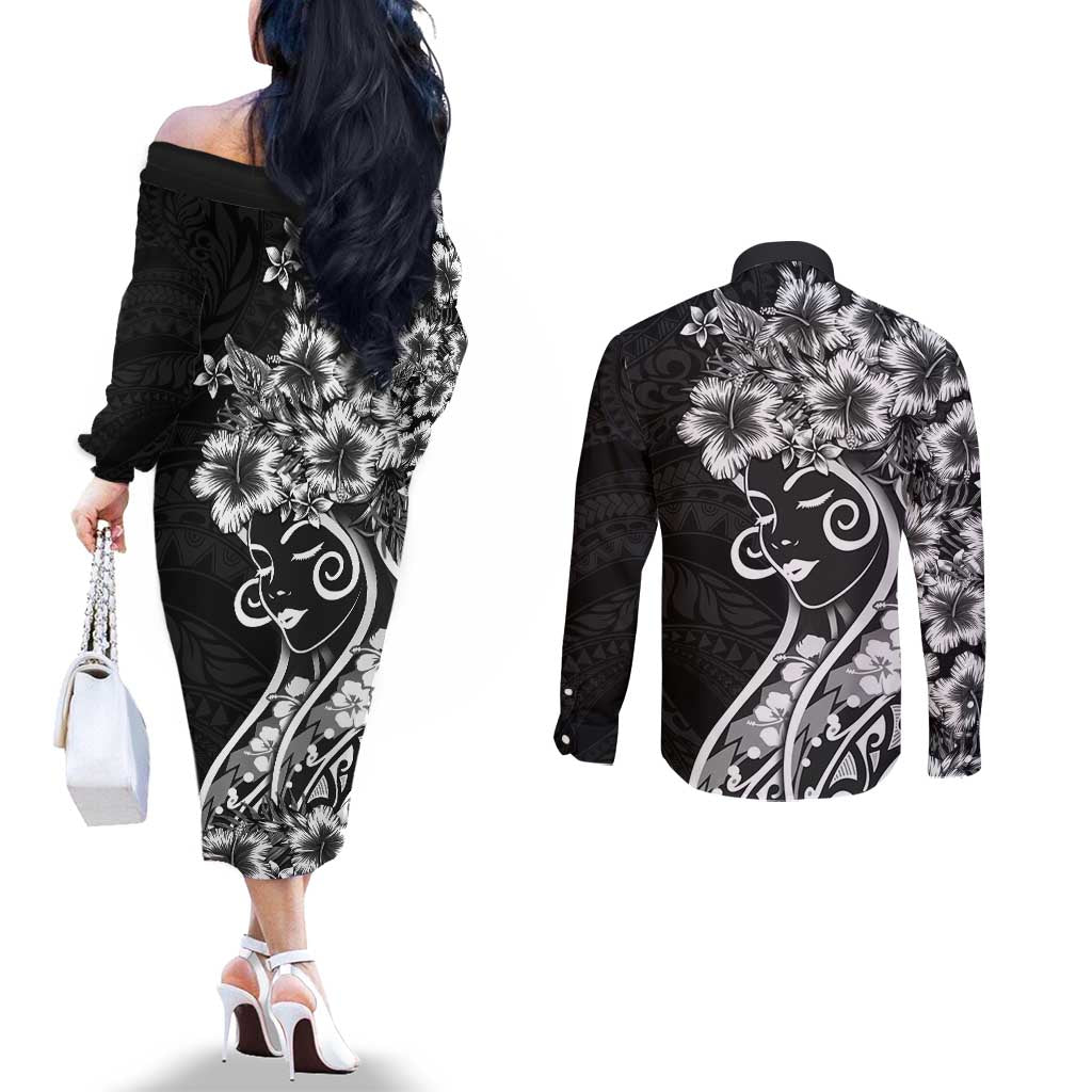 Polynesian Women's Day Couples Matching Off The Shoulder Long Sleeve Dress and Long Sleeve Button Shirt Black Hibiscus Flowers With Polynesian Pattern LT05 - Polynesian Pride