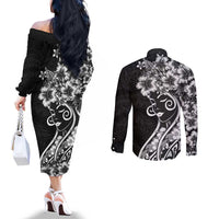 Polynesian Women's Day Couples Matching Off The Shoulder Long Sleeve Dress and Long Sleeve Button Shirt Black Hibiscus Flowers With Polynesian Pattern LT05 - Polynesian Pride