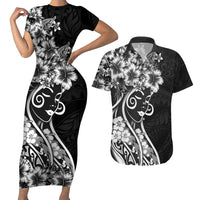Polynesian Women's Day Couples Matching Short Sleeve Bodycon Dress and Hawaiian Shirt Black Hibiscus Flowers With Polynesian Pattern LT05 Black - Polynesian Pride