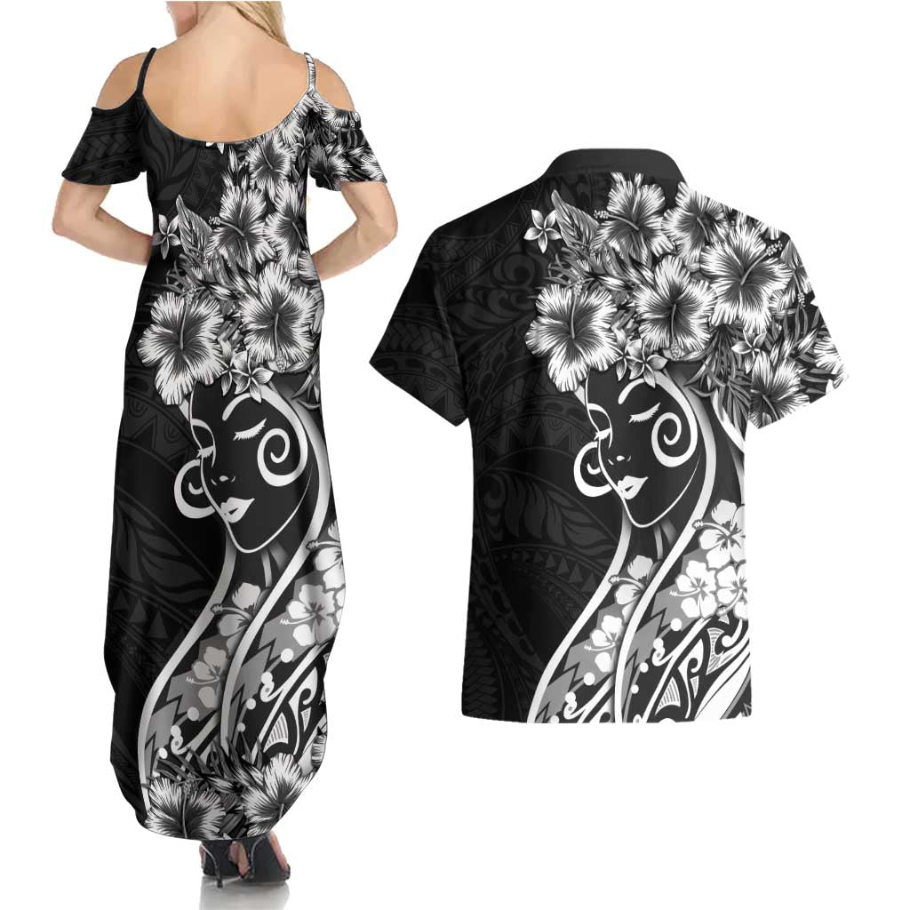 Polynesian Women's Day Couples Matching Summer Maxi Dress and Hawaiian Shirt Black Hibiscus Flowers With Polynesian Pattern