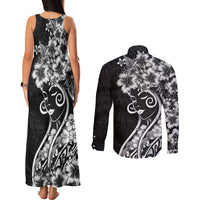 Polynesian Women's Day Couples Matching Tank Maxi Dress and Long Sleeve Button Shirt Black Hibiscus Flowers With Polynesian Pattern