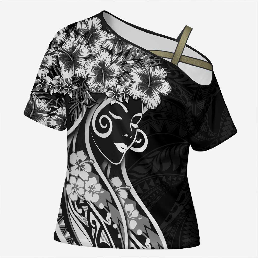 Polynesian Women's Day Cross Shoulder Shirt Black Hibiscus Flowers With Polynesian Pattern