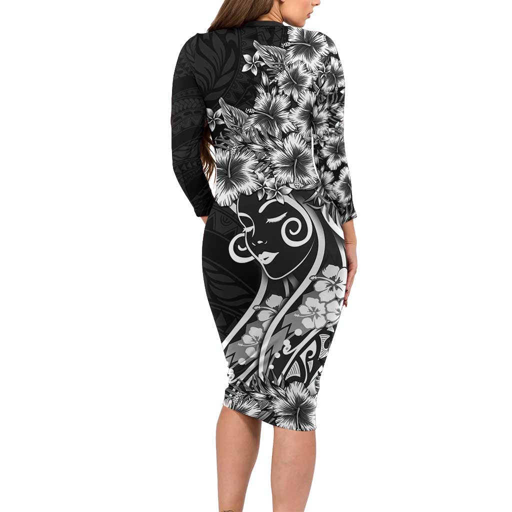 Polynesian Women's Day Family Matching Long Sleeve Bodycon Dress and Hawaiian Shirt Black Hibiscus Flowers With Polynesian Pattern LT05 - Polynesian Pride