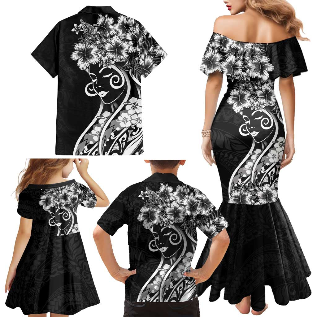 Polynesian Women's Day Family Matching Mermaid Dress and Hawaiian Shirt Black Hibiscus Flowers With Polynesian Pattern LT05 - Polynesian Pride